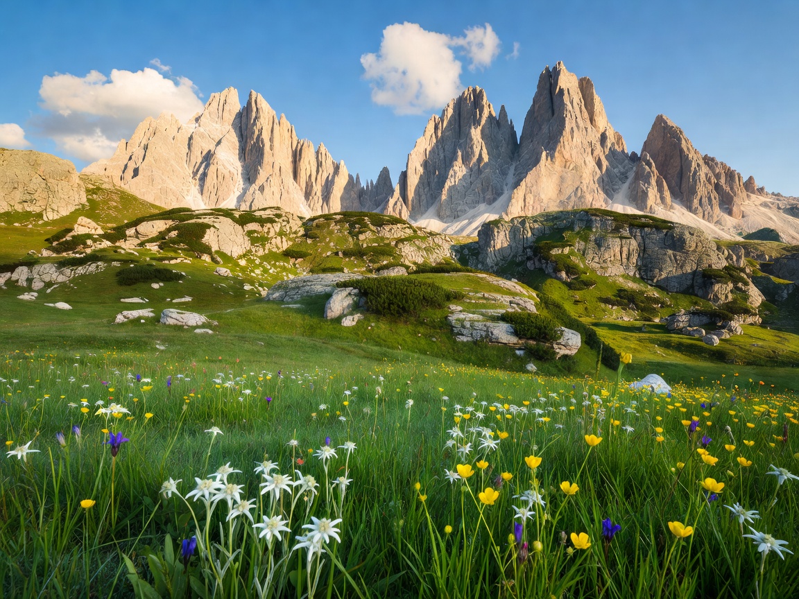Majestic peaks of the Italian Dolomites rising above an alpine meadow in Val di Funes