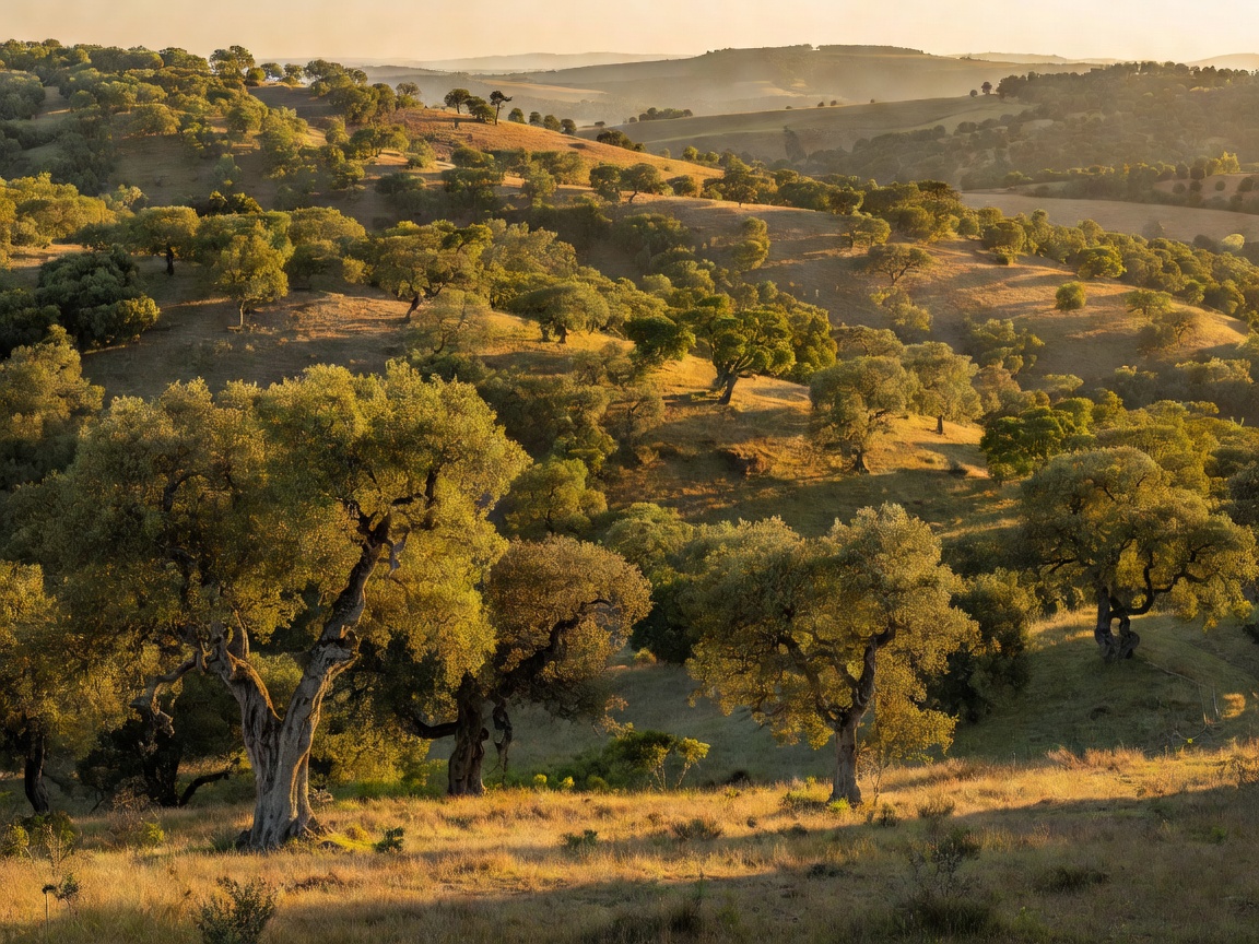 Rolling hills of cork oak forest in rural Alentejo Portugal during golden hour