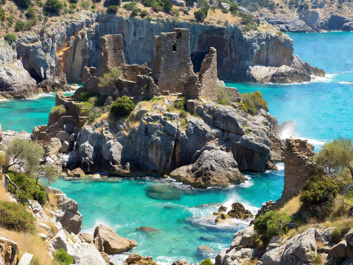 Rugged coastline of Mani Peninsula in Greece with ancient stone structures and turquoise sea