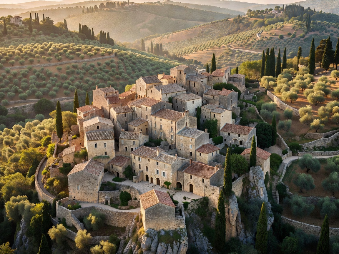 Scenic medieval stone village of Gordes in Provence surrounded by rolling hills and olive groves