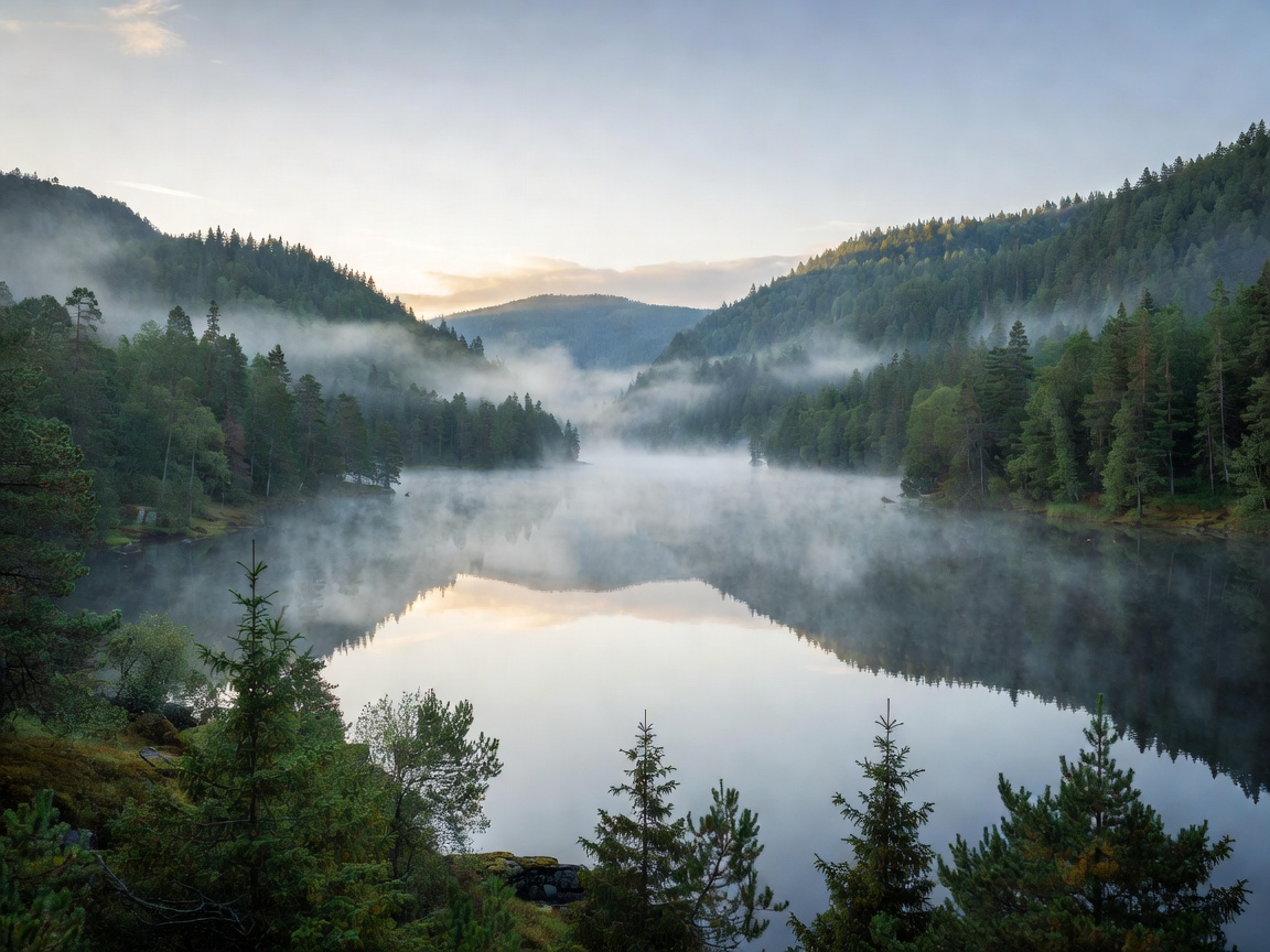 Serene Norwegian lake and forested hills during early morning mist in Telemark