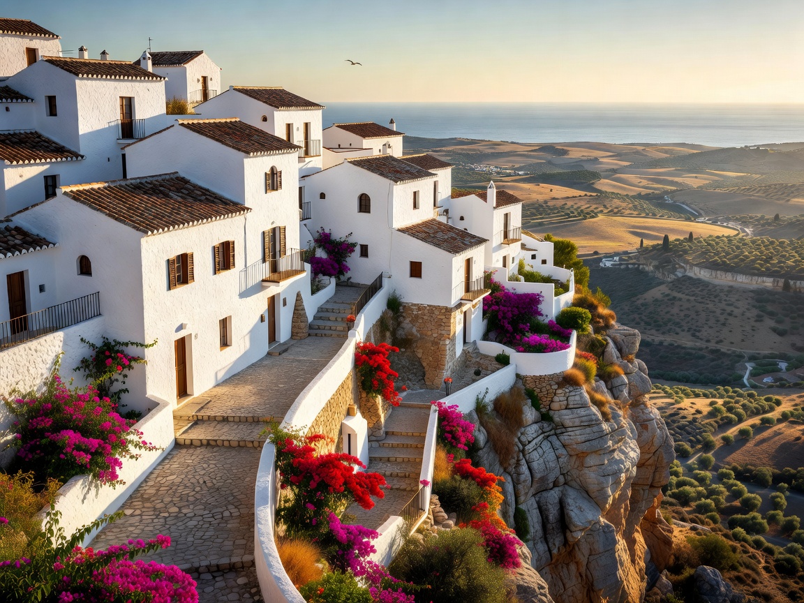 Whitewashed Andalusian village perched on a dramatic cliffside in southern Spain