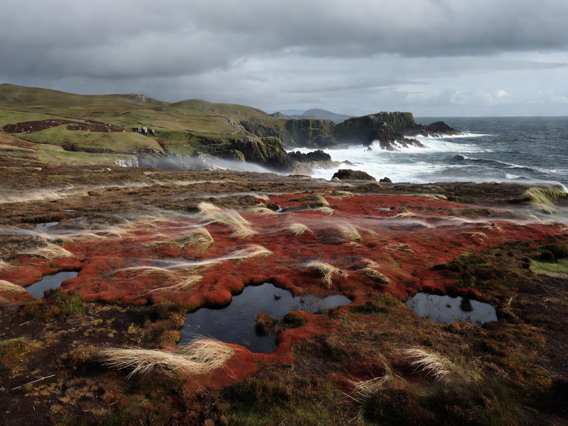 Windswept bog landscape and Atlantic ocean coastline in Connemara Ireland